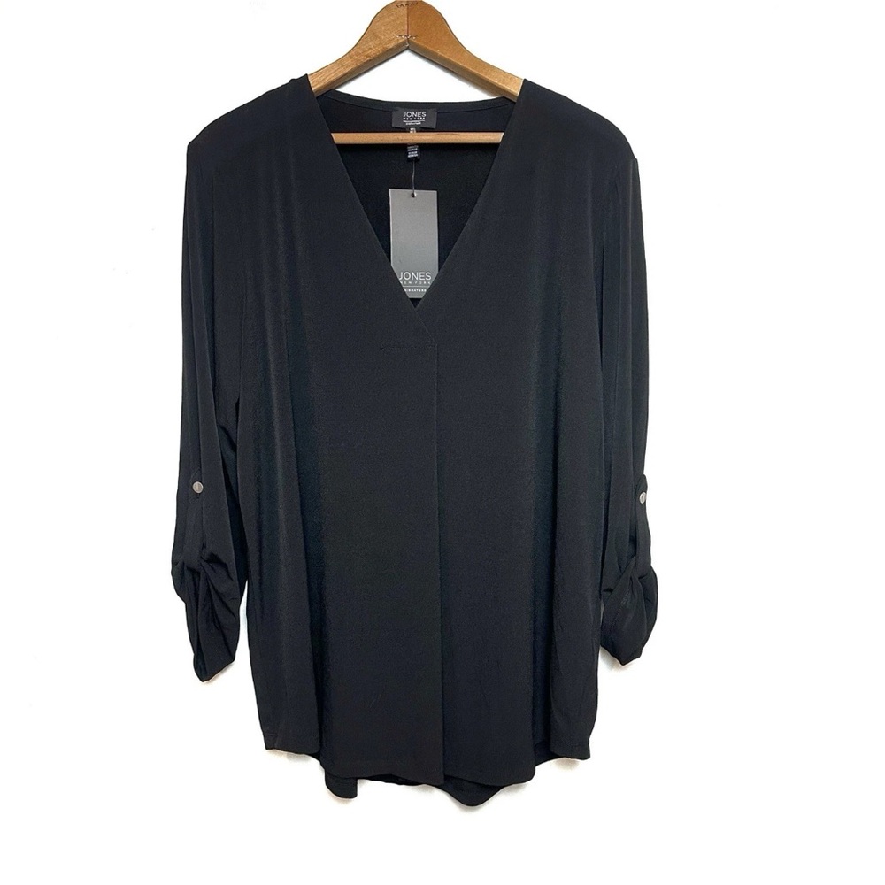 Jones New York Drapey V-Neck Blouse Black Roll Tab Sleeves Career Office Size L